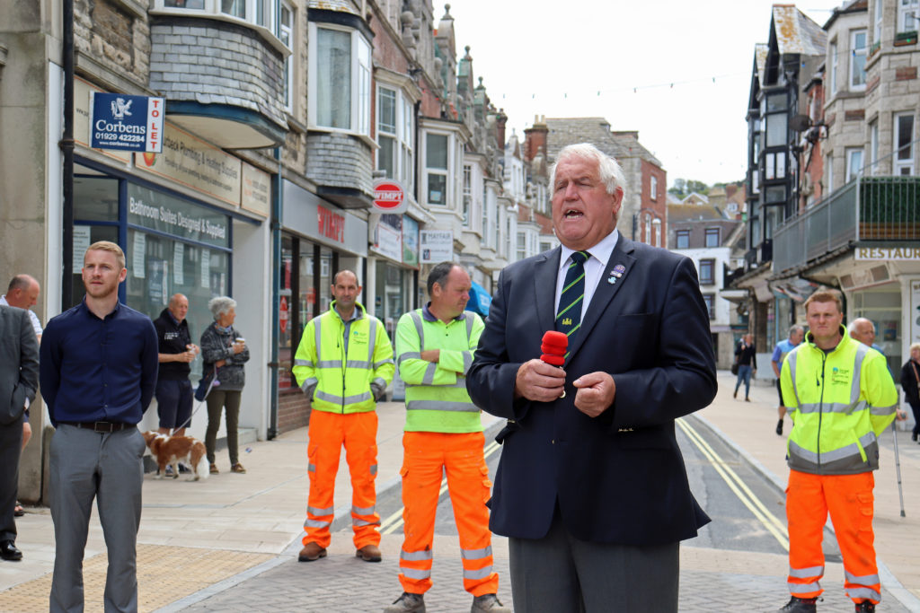 The Swanage Town Mayor, Mike Bonfield officially opens the town centre improvement works
