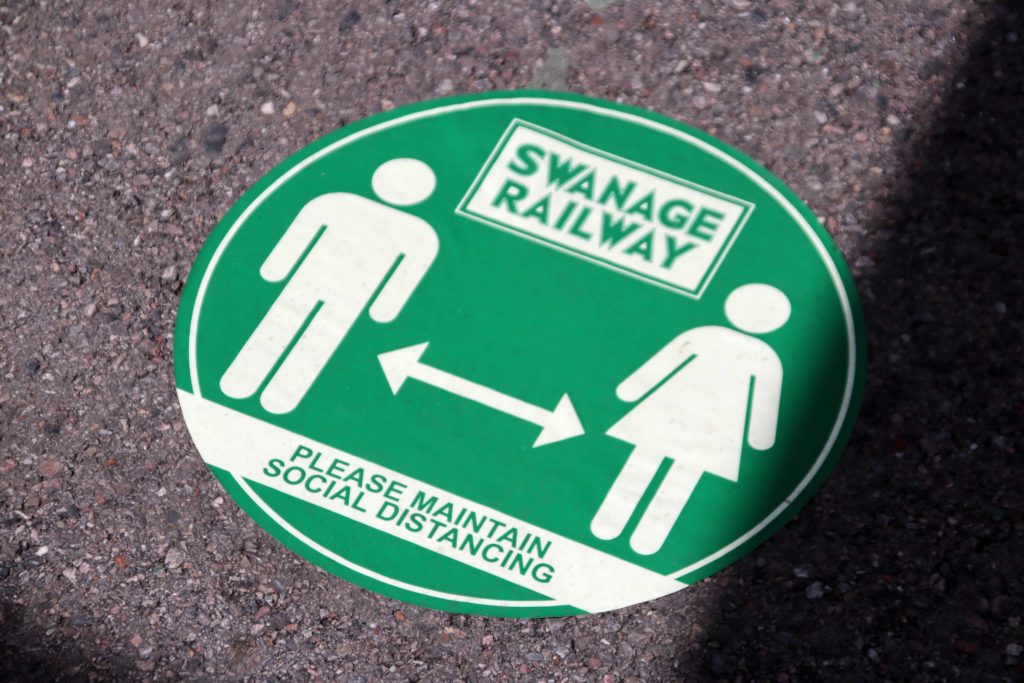 Social distancing sign at Swanage Railway