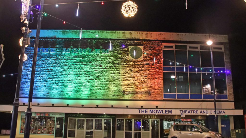 Coloured lights on the exterior of the Mowlem for Christmas