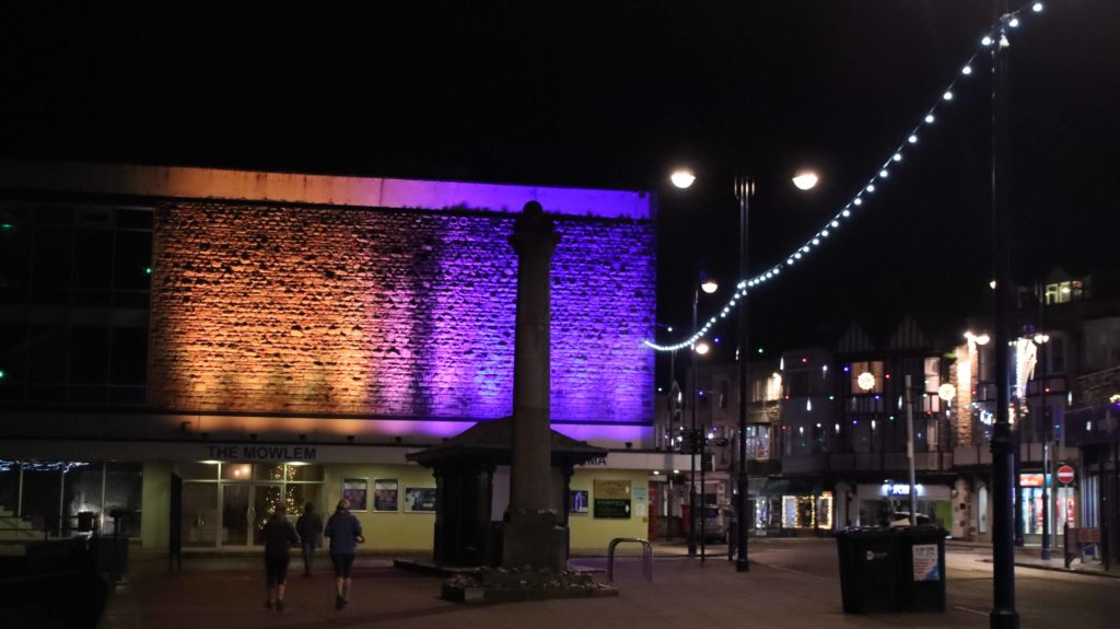 Coloured lights on the exterior of the Mowlem for Christmas