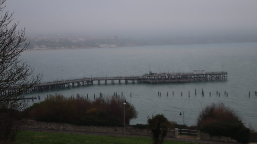 Swanage Pier in fog in December 2020