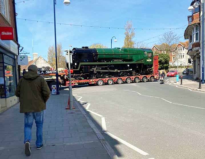 Steam locomotive Eddystone being transported through Swanage