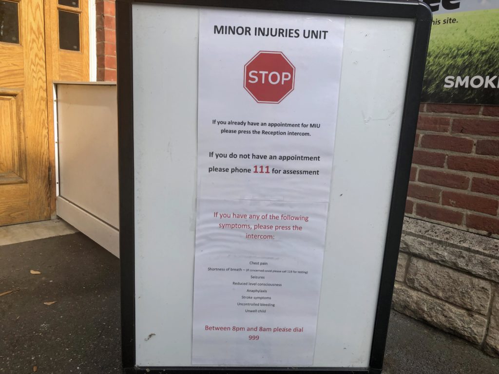 Sign outside Swanage Hospital minor injuries unit