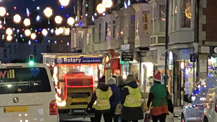 Santa and his sleigh in Station Road in Swanage