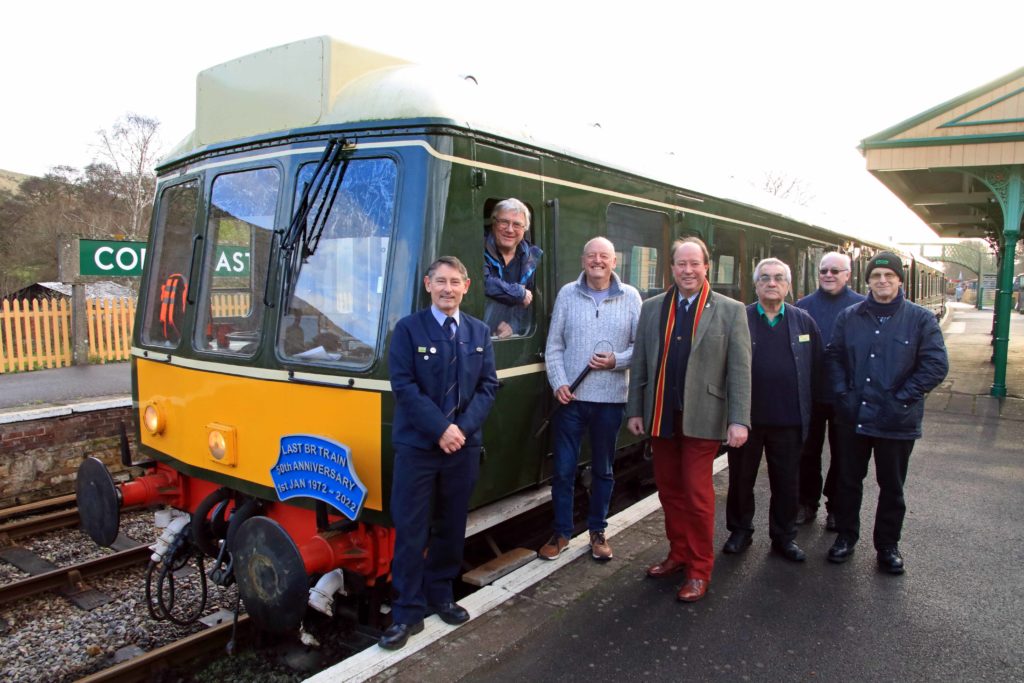 Pete Frost and Bob Richards with last 1972 BR train passengers Corfe Castle Saturday 1 January 2022 