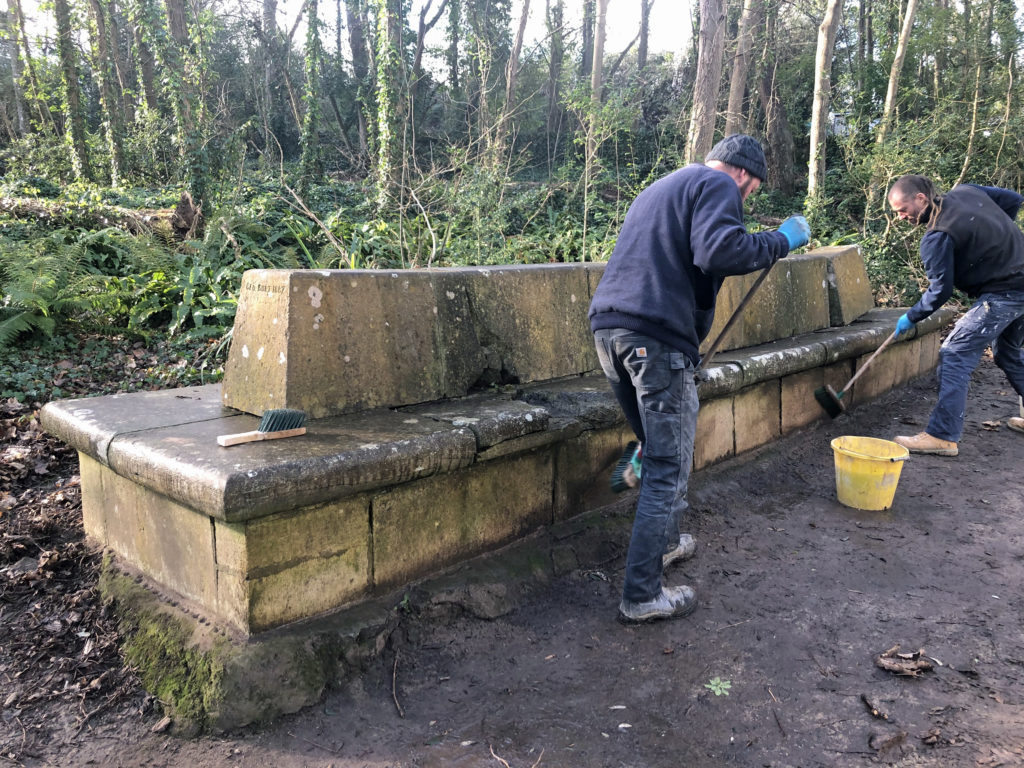 Egyptian Bench undergoing restoration at Durlston Country Park