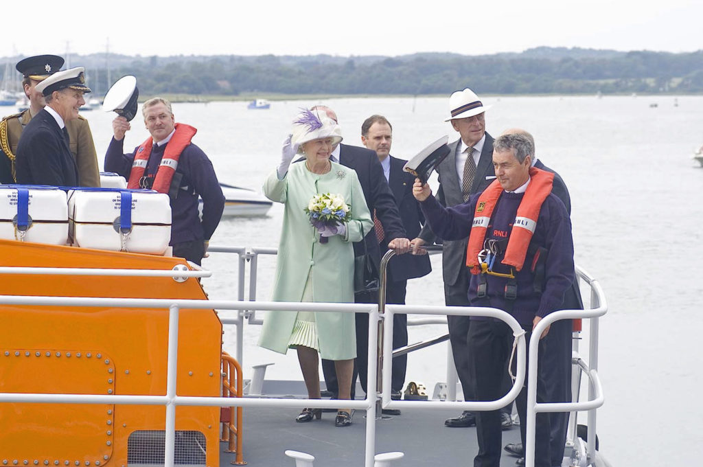 HM The Queen at the Lifeboat College opening in Poole.  The all weather lifeboat Severn class 17-44, ON 1277 (Annette Hutton) with HM The Queen aboard, prepares to sail out around the harbour. 