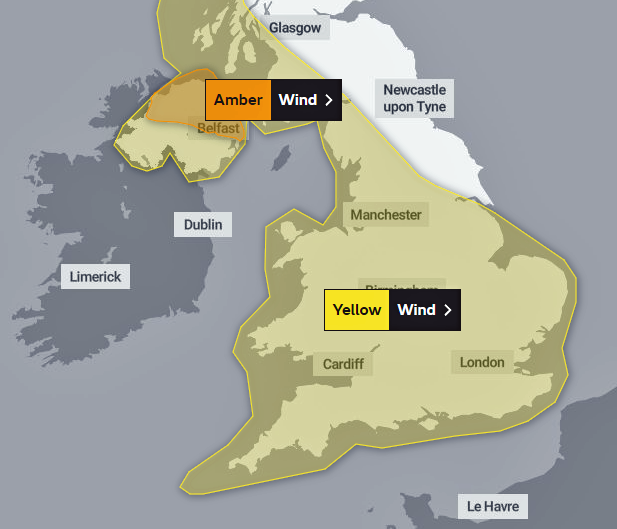Yellow wind warning map
