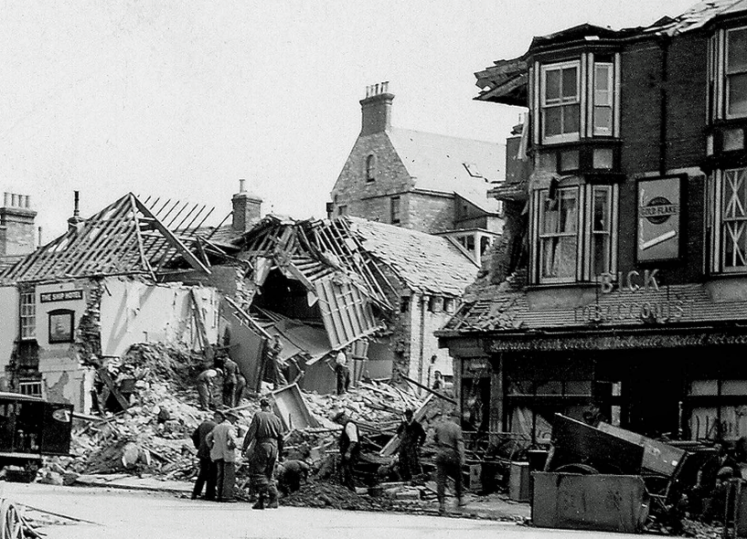 Bomb damage near the Square in the High Street in Swanage