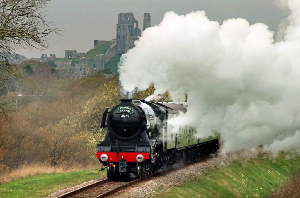 Flying Scotsman at Corfe Castle March in 2019