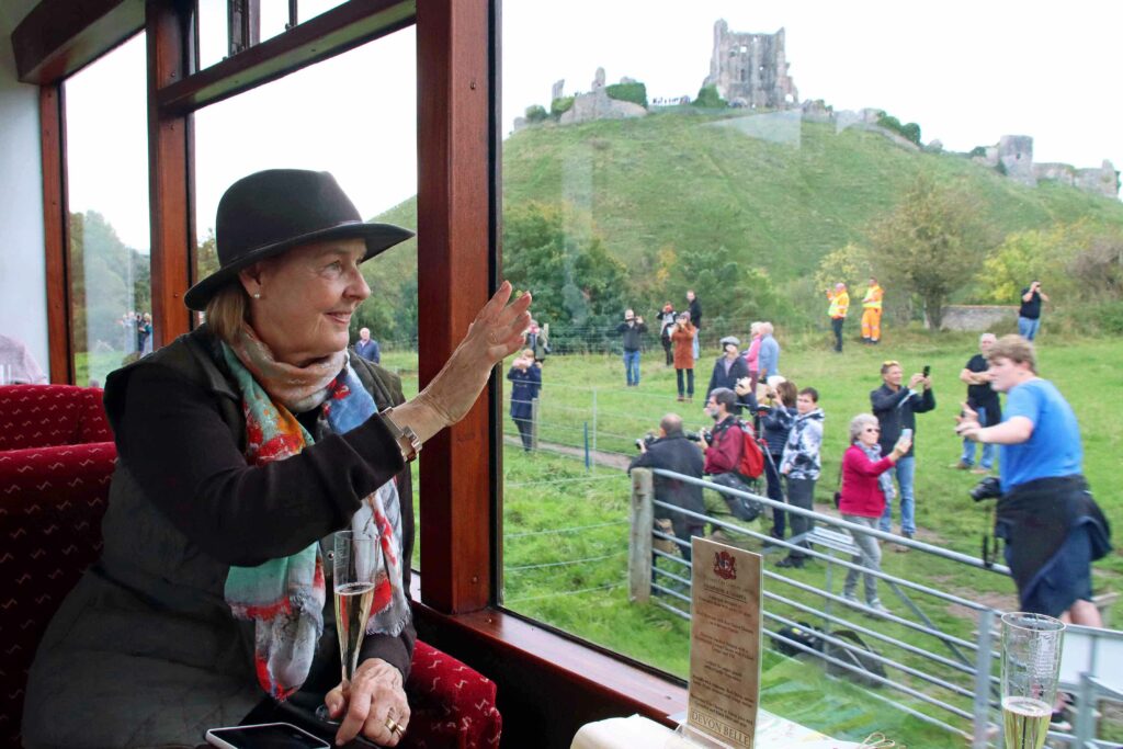 Penny Pegler travelling on Flying Scotsman on Swanage Railway