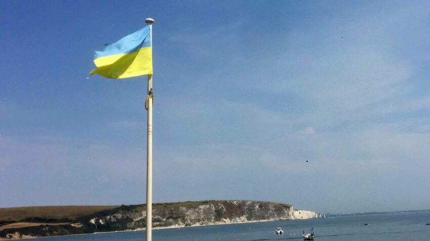 Ukrainian flag over Ballard Down