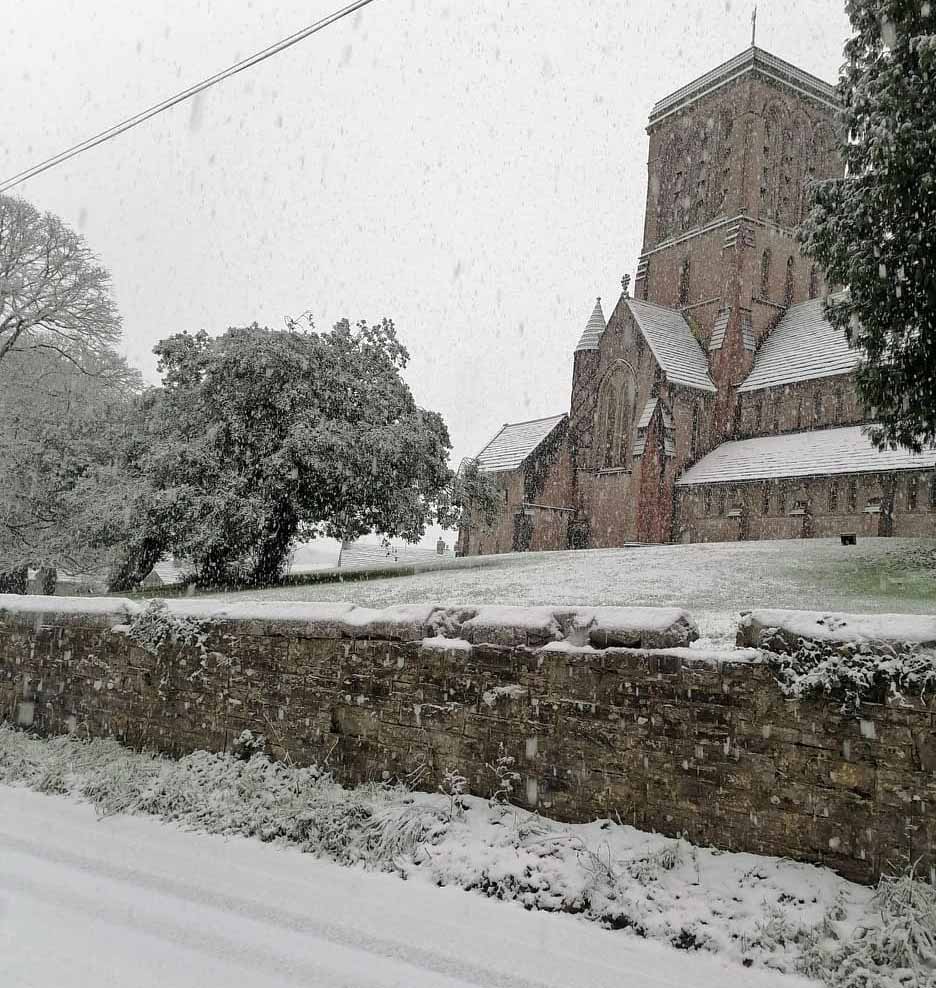 St James's Church in snow in Kingston