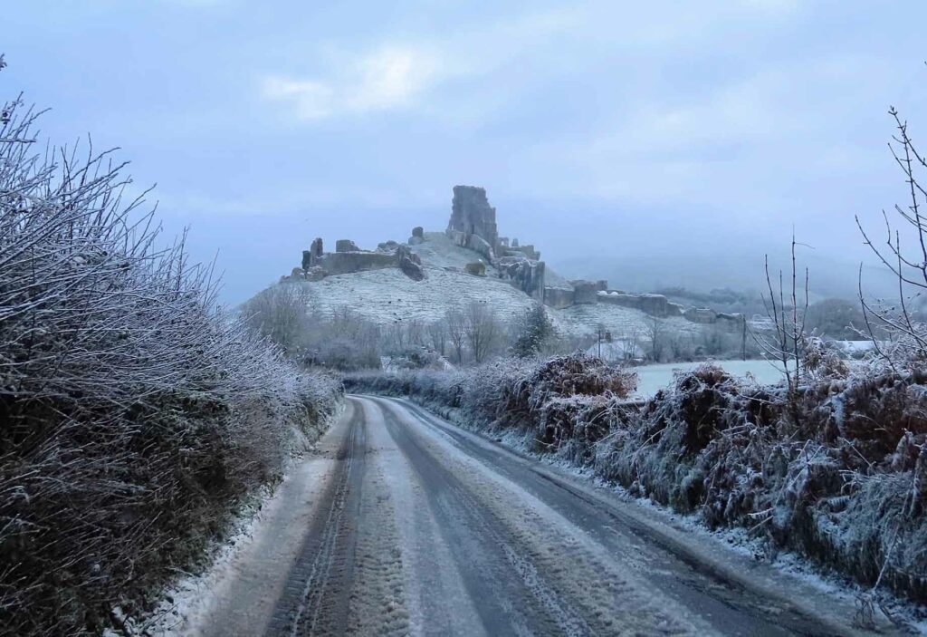Snow and ice on road from Church Knowle to Corfe Castle