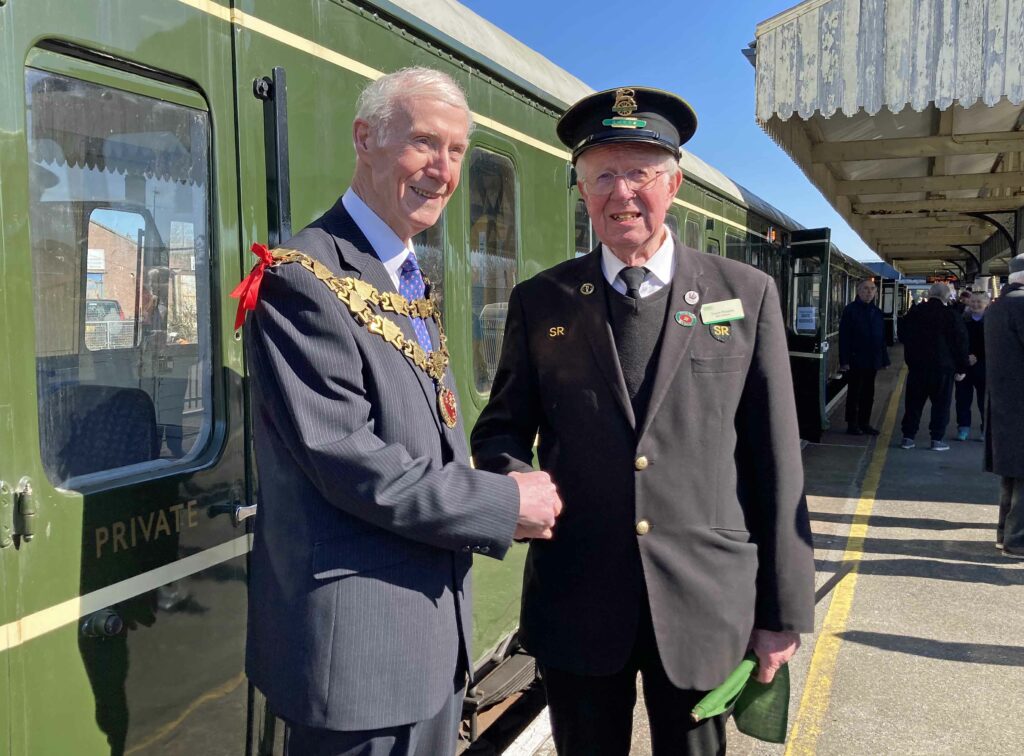 Wareham Mayor and Trevor Parsons on First day of Swanage Railway trial service to Wareham 2023