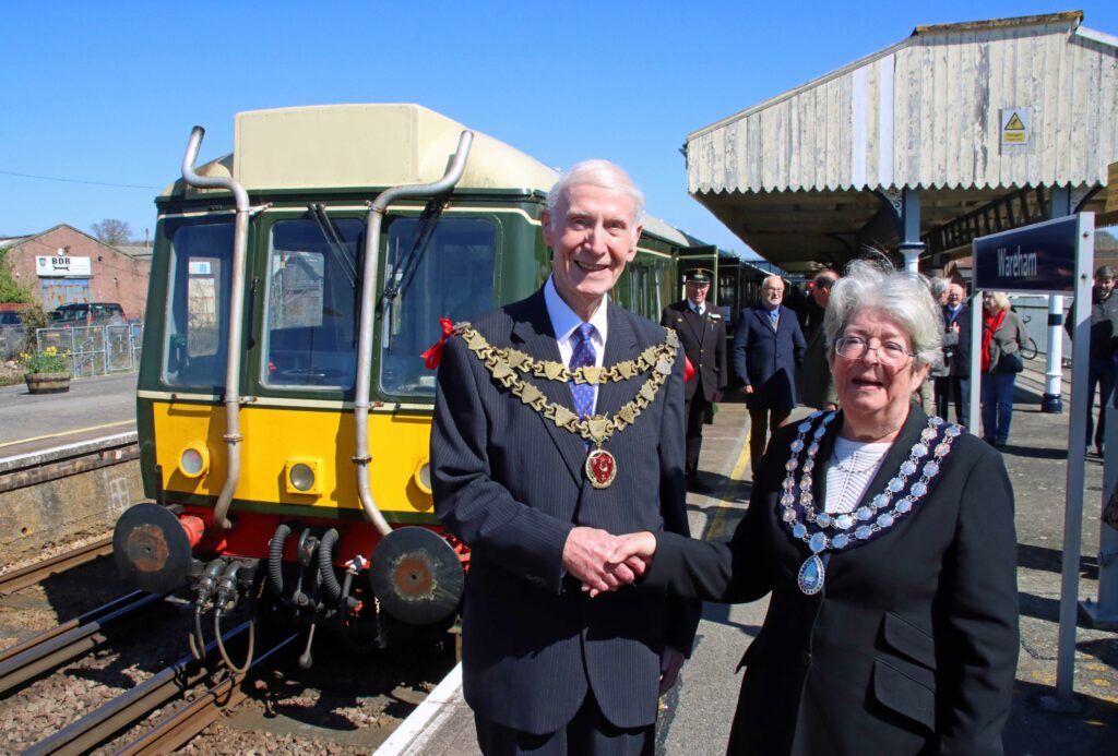 Wareham Mayor and Swanage Mayor Tina Foster on First day of Swanage Railway trial service to Wareham 2023