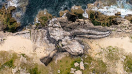 The artwork of a huge triceratops crafted by artist David Popa on the Jurassic Coast near Worth Matravers