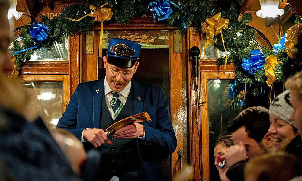 Ticket inspectpr on the polar express on Seaton Tramway