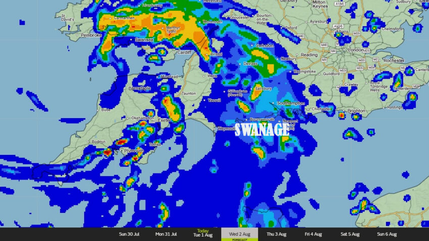 The storm as predicted by the Met Office for early afternoon over Swanage