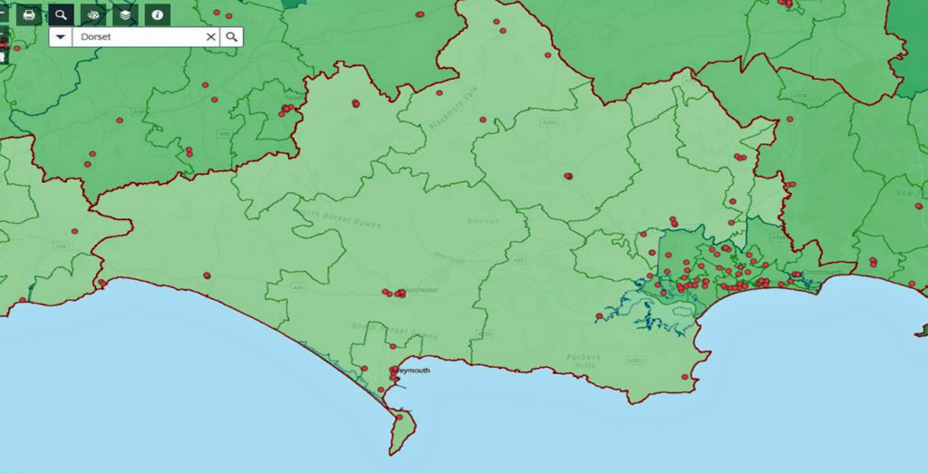 Map of NHS dentists in Dorset