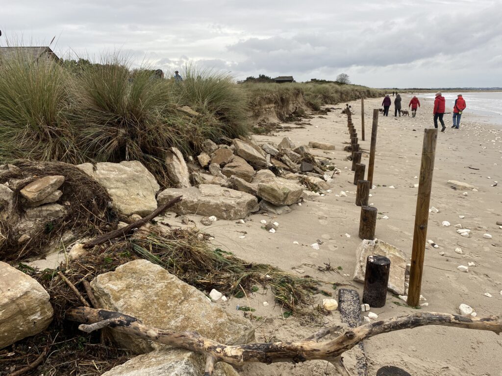 Storm Ciaran - Erosion of dune at Knoll Beach - the posts to the right were previously along the edge of the dune
