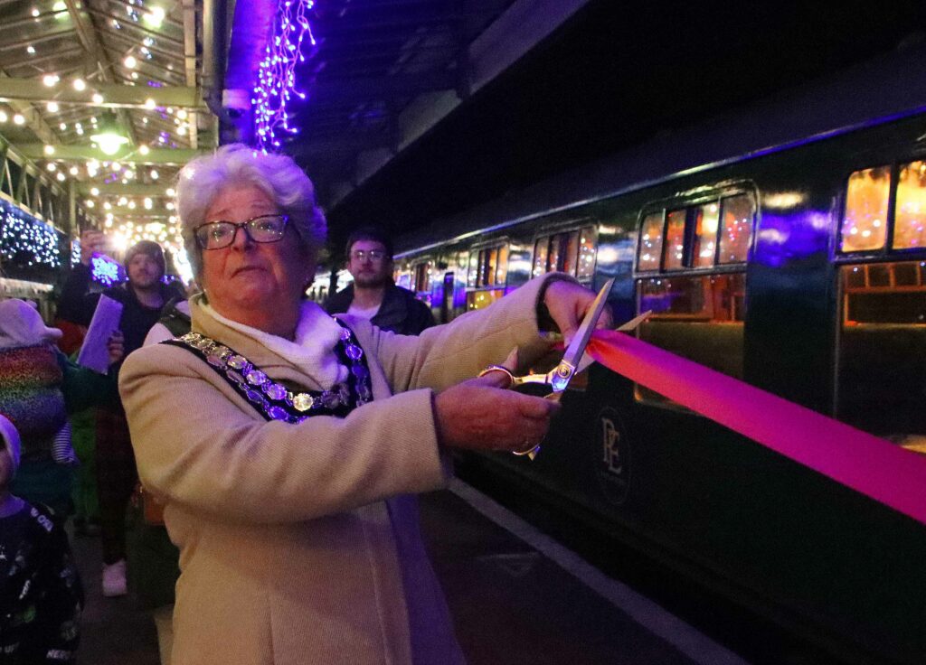 Polar Express at Swanage Railway with mayor Tina Foster