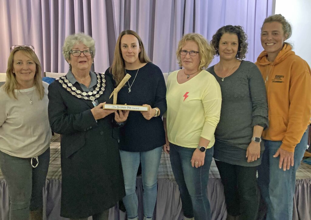 Broken Pin Award - Womens Carnival Fire Engine Pull Team Ruth Felstead, Mayor Tina Foster, Lou Sandford, Debbie Collier, Jess Stamp and Kelly Fenech at Swanage Sea Rowing awards night