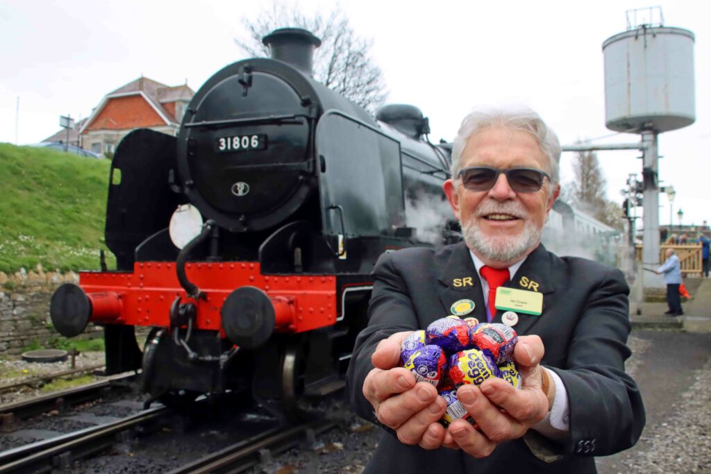Easter Egg hunt with Ian Coane train guard at Swanage station 